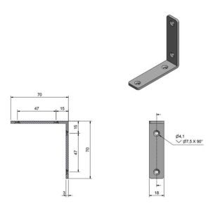 Roca vinkelbeslag 70x70x18mm skrue 4,1mm RF304